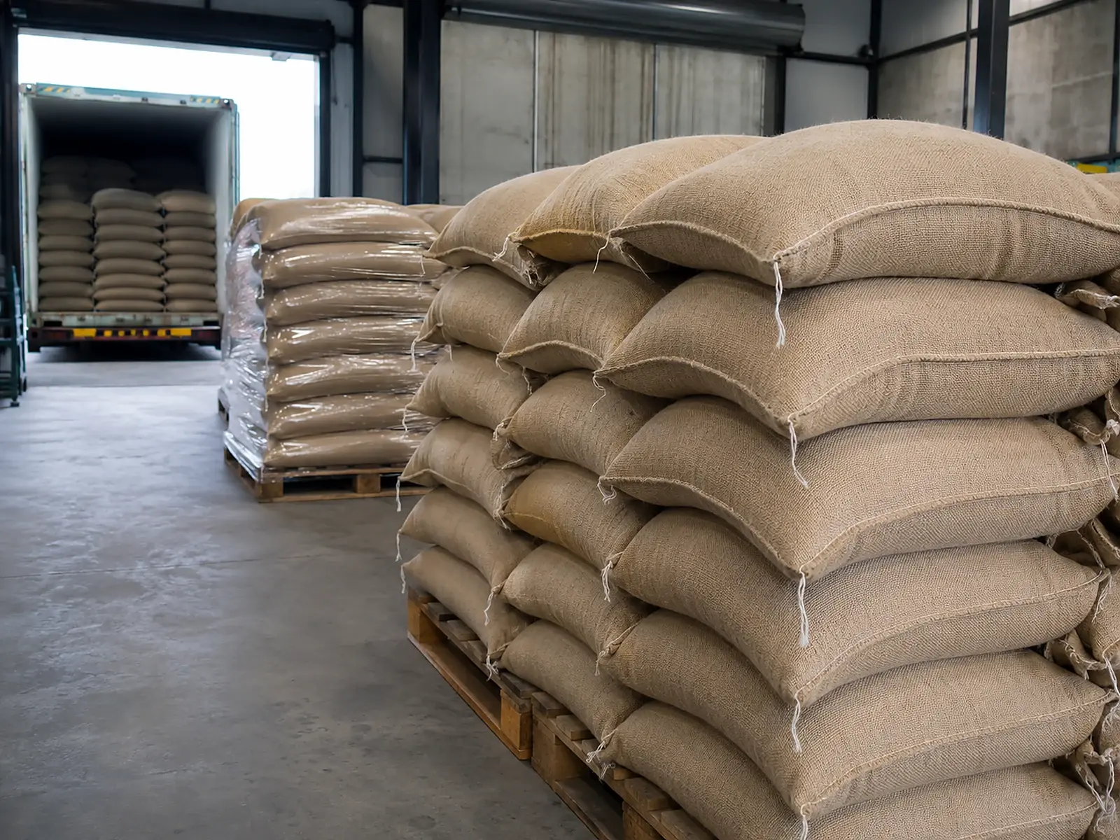 Green coffee bean sacks prepared for wholesale export